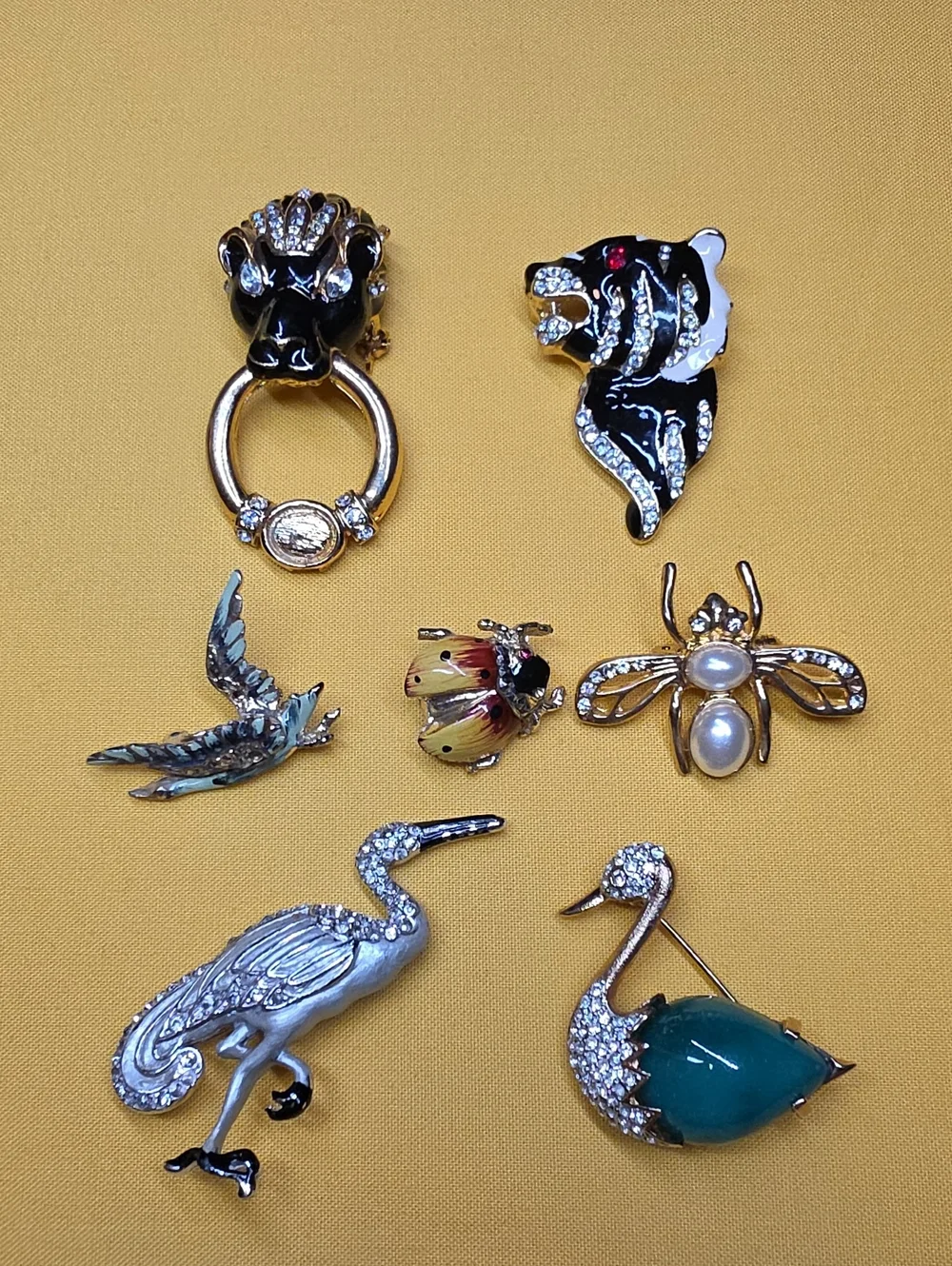 Vintage Wildlife Brooch Lot (7pcs) - Panther, Tiger, Swan, Bee, Birds & Insects